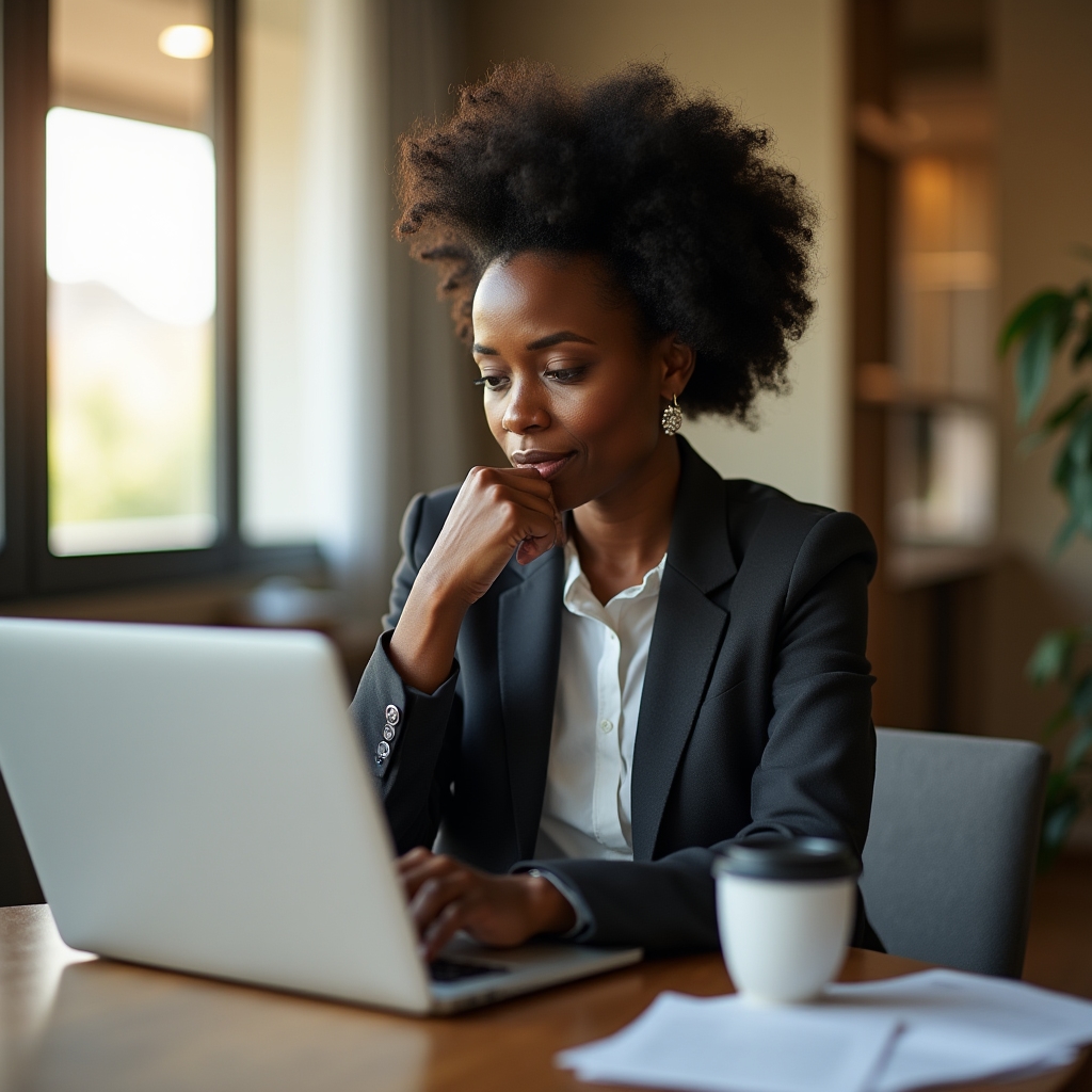 HR manager reviewing a company careers page on a laptop in a bright conference room, thoughtful expression