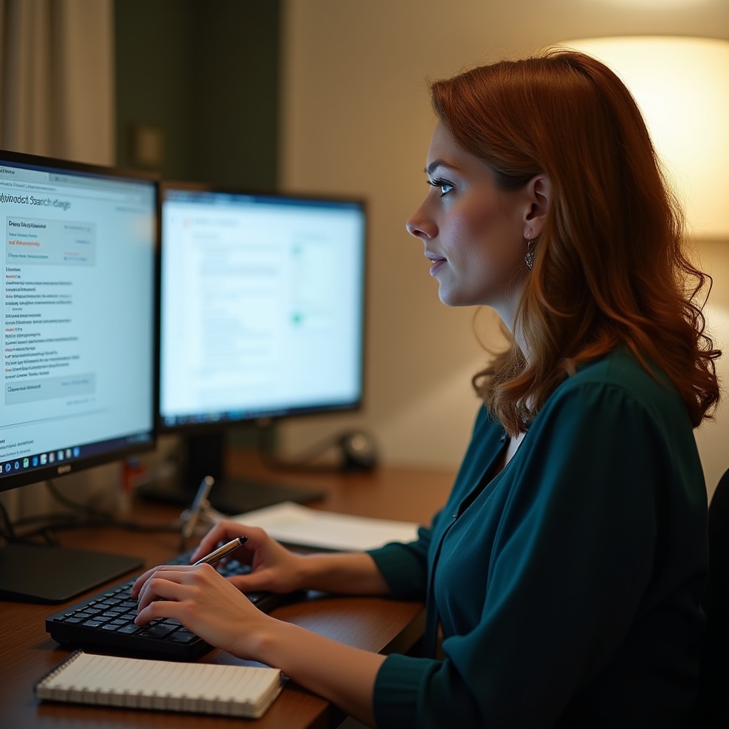 HR professional doing keyword research for job postings at a desk with two monitors