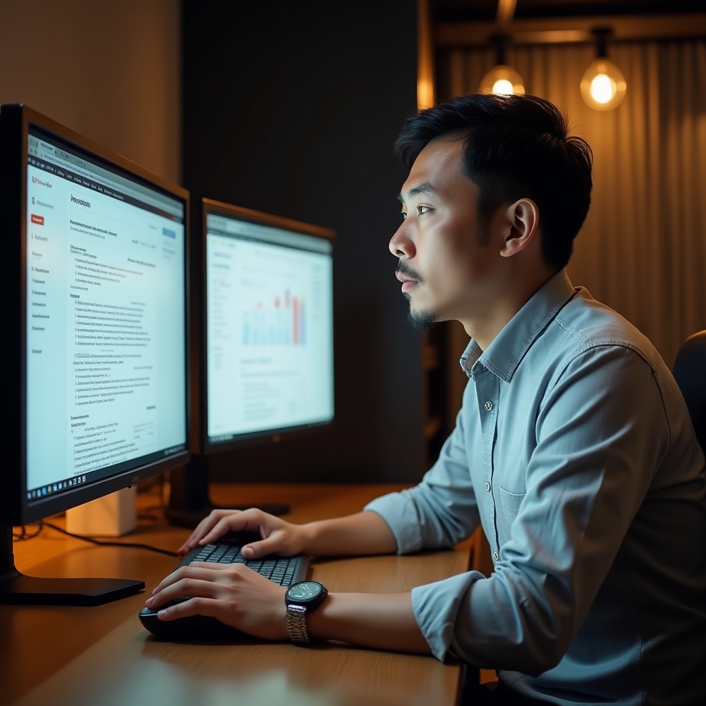 Recruiter optimizing a job posting at a workstation with search analytics visible on screen, focused and engaged