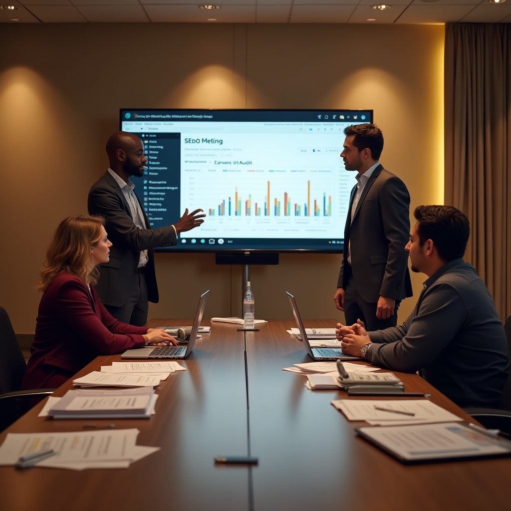 Recruiting team in a workshop session reviewing search visibility strategies on a shared screen