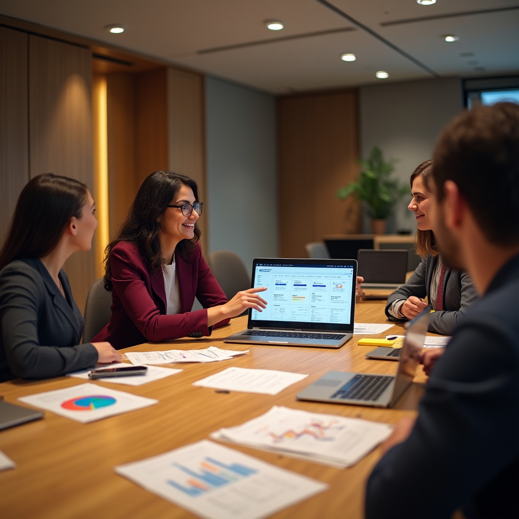 Talent acquisition team planning session around a table with laptops and printed analytics reports, collaborative atmosphere